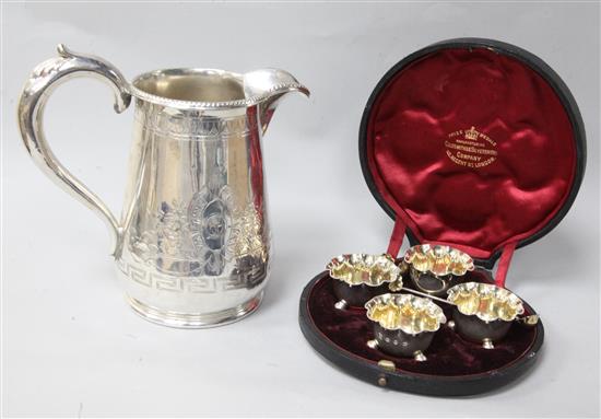 A cased set of late Victorian silver salts and a plated jug.